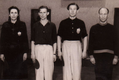 Tallinn-Tartu games in table tennis.1953/1954. 
Left to right, Leida Loone, Udo Tõnnus, Karl Linastik, Hirsch Schur. 
Keywords: [S]