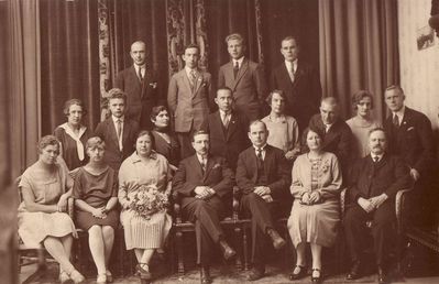 Beilinson printhouse. 5 years jubilee (1922-1927)
Top row second from left - David Beilinson
Middle row third from left - Ida Gordon
Bottom row III from left Matle Beilinson (Itzoch), IV from left - Benjamin Beilinson

Keywords: [B]