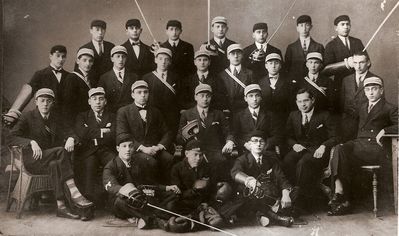 1927 Tartu - Hasmonea.
Left to right.
Sitting: Dr Kalman Jadlovker, ?, Dr Issar Jachnin, Abram Kropman, ?, Boris Kropman, Jossef Goldberg
Middle row: ?, Avraham Levitin, Schura Sverdlov, Shmuel Levitin, ?, ?, David Sorkin, ?, ?
Top row: ?, Furmanski(?), ?, Kamenovski, ?, ?, Schadzunski

