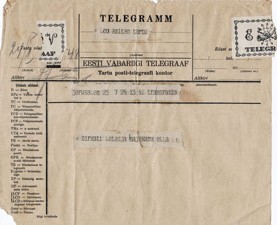 1931 - Telegram from Ella Amitan in Palestine to her niece Tasja Bakscht (Amitan) in Tartu (1931)
On the occasion of marriage of  Elimelech Bakscht with Tasja Bakscht (Amitan)

Keywords: [B] [A]