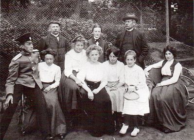 Wolff family in their summer house (Strelna, near Petersburg) in 1908.
Left to right.
Standing: Xavier Wolff (1861-1916), Sofie Wolff  (Gruber)  (1863-1918), ?
Sitting: brother of Rosa (Rasja Ita), ?, ?, ?, 2 sisters of Rosa, Rosa (Rasja Ita) Laur (Wolff) (24.12.1884  - 09.08.1948).
At WWII Rosa Laur remained in Tallinn (Nõmme) and survived as her husband dr. Emil Laur managed to change her Jewish identity documents before the war.  
