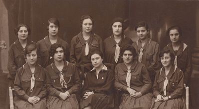 Tartu, 22.2.1927
Bottom row: Haitov, Kruskal, Hazfiro student from Riga, Sara Kruskal, Ljuba (Berta) Schwartz
Top row: ?, Ljuba Gens, Rachel Epstein, ?, ?, Muschkin
