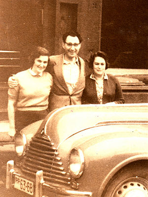 Ilja (Alja) Isrin's "famous" BMW ready to go for a week long camping somewhere in Estonia. 1960.  (II)
Left to right: Olga Kan (Kan), Aleksander Kan, Rut Rybak (Goldmann). Pärnu mnt. 40, Tallinn
