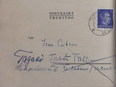 1941 Likvideeritud, tagasi Tartu
Ликвидирован. Вернуть в Тарту.
Liquidated. Back to Tartu
Keywords: [philatelia]