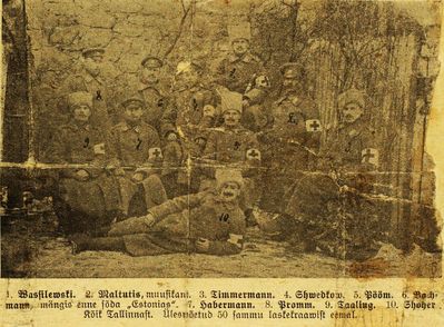 Estonians in the WWI. 91-st Dvinski polk. 1915.
1. Vasilevski; 2. Maltutis, musician; 3. Timmermann; 4. Shvedkov; 5. Pööm; 6. Bachmann, played in "Estonia" before the war;  7. Habermann; 8. Promm; 9. Taaling; 10. [i][u]Abram Schocher[/u][/i];  
All from Tallinn. Picture taken 50 steps from the shooting ditch.
Keywords: [S]