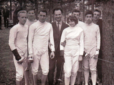 The fencing team of the Tallinn Polytechnical Institute. ~ 1963.
Left to right: Enn Kalda, Kalju Aigro, Georgi Zazhitski, Leo Piel, Asta Remmelkoor, Enn Kivi, Juzef Luvistsuk, Viktor Ivanov 
