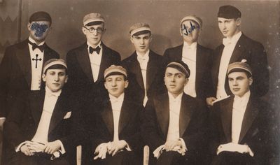 Group of Hasmonei with later "comments"
Left to right.
Standing: ?, Willi Usvanski, ?, ?, Moshe Neimark (from Riga)
Sitting: ?, Max Boruhov, ?, Menasche Schein 
Keywords: [unknown]