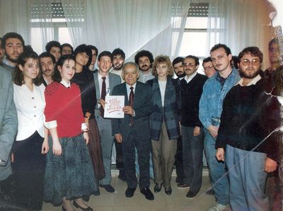 World Union of Jewish Students congress in Israel in 1989.
In the middle: the Prime Minister of Israel Mr Izhak Shamir. Estonian students delegation: Genadi Gramberg (third from right), Kaputerko (right from Shamir), Efim Gelman (between Shamir and Kaputerko, behind).
