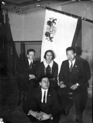 Maccabi Tartu leaders - 14/1/1925
Farewell party for Pesja Kruskal who is going to Palestine.
Left to right: Jossif Usvanski, Pesja Kruskal, Boris Kropman
Sitting: Abraham Kropman 
