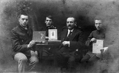 Epstein brothers 1923
The sons of Rabbi Epstein (Tartu).
Left to right: Jacov Metrikin, Schalom Epstein, Polonski (Hebrew teacher), Schaike Epstein 
