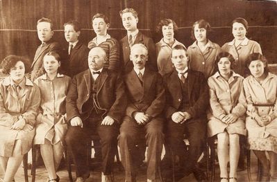 TJG
Left to right.
Standing: Pesach Wasserman, ?, ?, Isak Haitov, Miriam Schulklepper, ?, Sofa Amitan
Sitting: ?, ?, Sauerbrei, Gurin, Gildebrand, ?, ?
