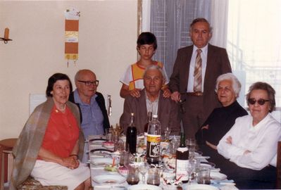 Schampal, Sawadi, Manor - Jerusalem, 1985
Left to right. Sitting: Miriam Schampal (Schulklepper), Manor, Pesach Schampal, Lena Manor (Rutstein), Sofia Sawadi (Liebermann)
Standing: Michael Schampal, Sawadi
Keywords: [R]