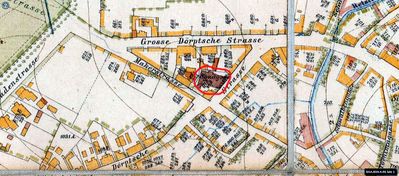 Area of the Great synagogue on the 1885 plan. Enlarged.
The synagogue is colored with dark brown,  in the center of the plan
