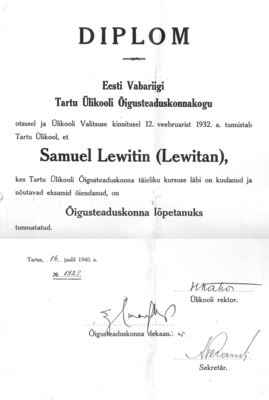 University diplomas
Jura diploma to S. Levitin - 1932
