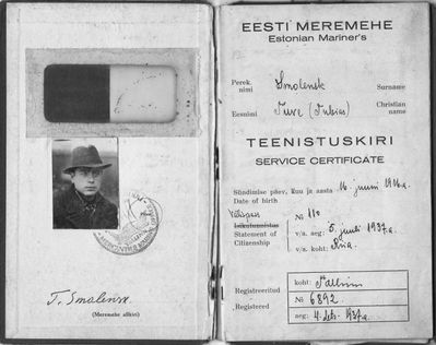 Sailor cetificate - 1937
Tuvja Smolenski (1916 Tallinn - 1993 Haifa) - the first Jewish sailor in Estonia. Sea captain in Palestine and Israel.
